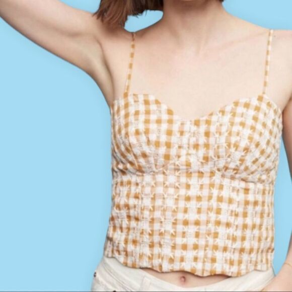 Anthropologie MAEVE Scalloped Hem Gingham Button Crop Top 14 - Picture 1 of 10